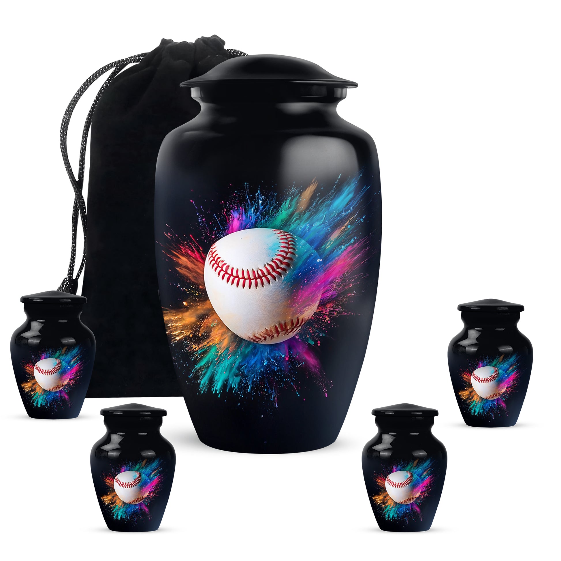 Obsidian Black Baseball Cremation Urn top-down view of secure threaded lid - elegant classic baseball relief with fine detailing - memorial set with one large and four small urns