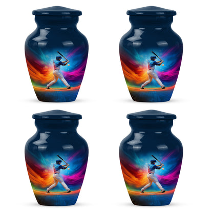 Soft Blue Baseball Cremation Urn side profile showing urn shape - elegant classic baseball relief with fine detailing - 10 inch aluminum urn for cremated remains