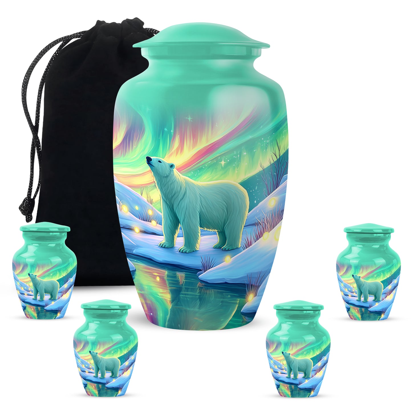 Mystic Teal Bear Cremation Urn top-down view of secure threaded lid - traditional bear engraving with hand-polished finish - memorial set with one large and four small urns