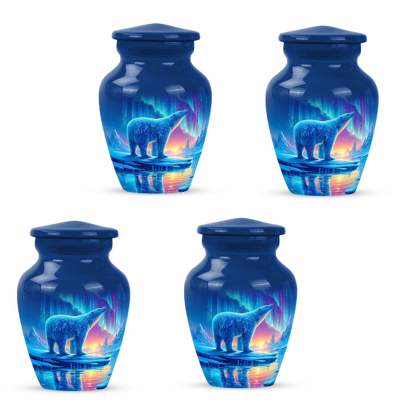 Twilight Blue Bear Cremation Urn side profile showing urn shape - elegant classic bear relief with fine detailing - 10 inch aluminum urn for cremated remains