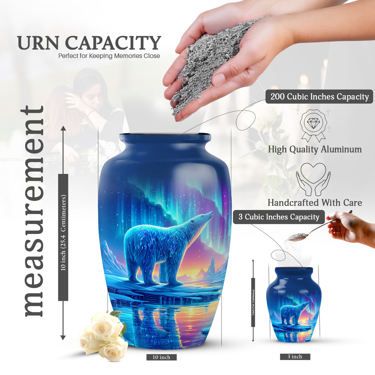 Celestial Blue Bear Cremation Urn close-up of engraving and surface detail - classic sculpted bear pattern on smooth aluminum - mini keepsake memorial for portion of cremation ashes