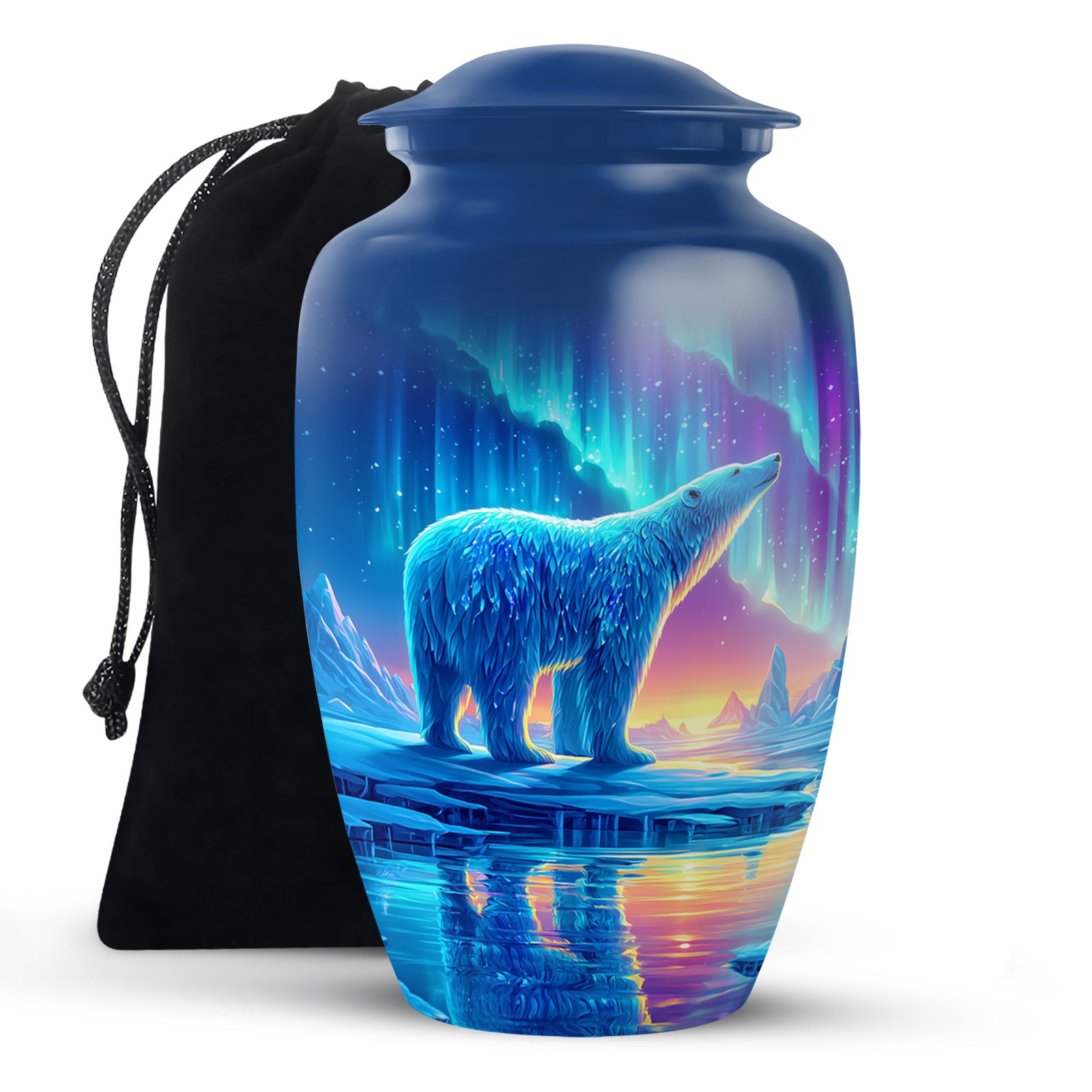 Navy Blue Bear Cremation Urn angled view of lid and engraved motif - timeless bear motif etched into premium metal - full-size 10 inch 200 cubic inch adult cremation urn