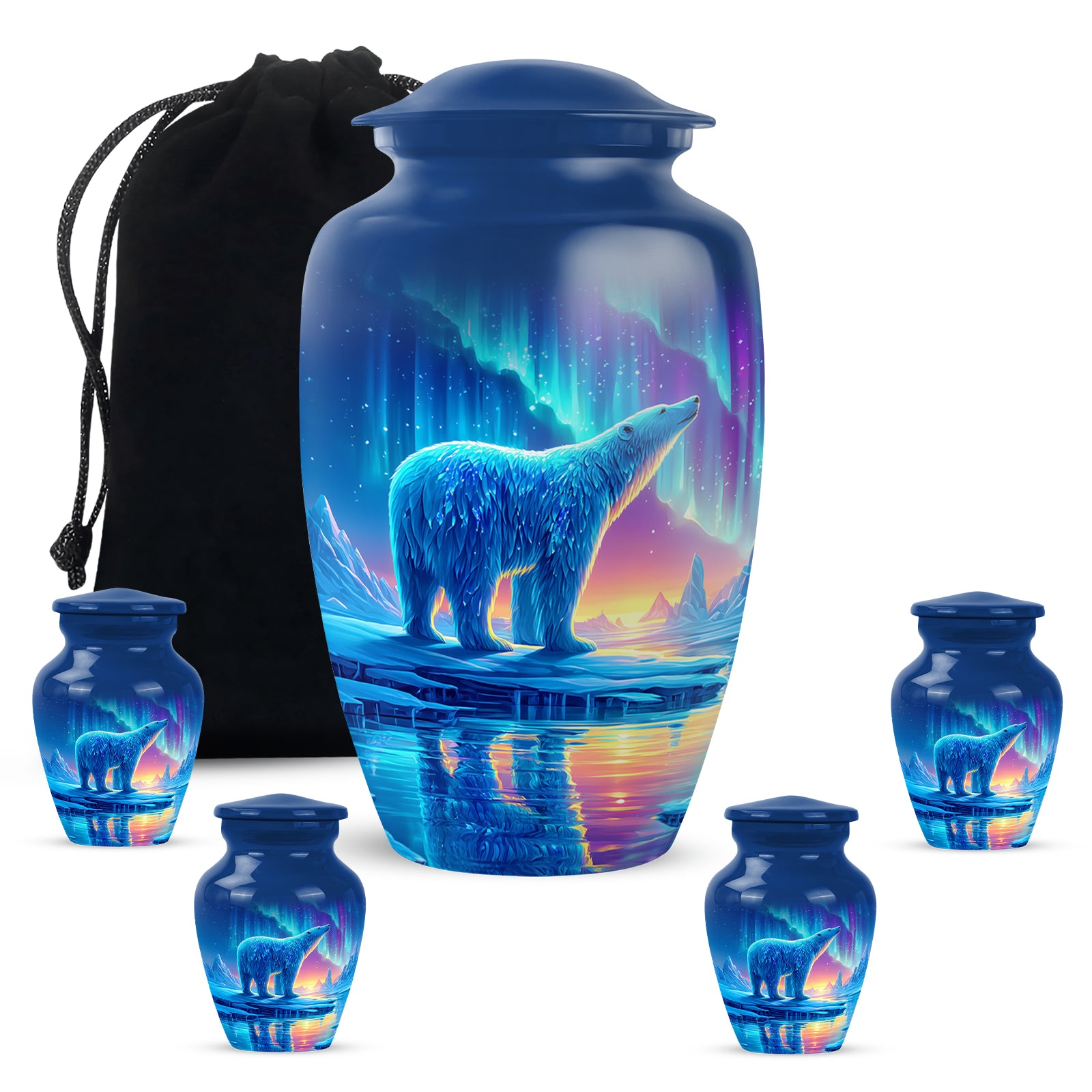 Bright Blue Bear Cremation Urn top-down view of secure threaded lid - elegant classic bear relief with fine detailing - memorial set with one large and four small urns