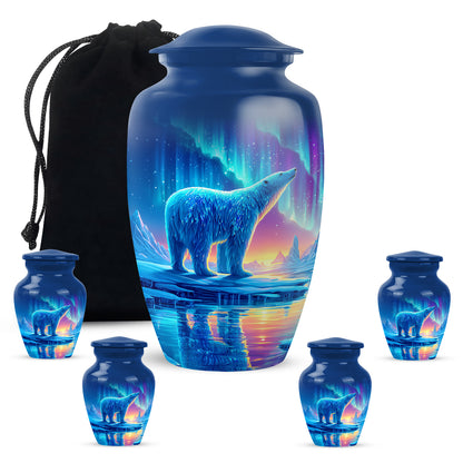 Bright Blue Bear Cremation Urn top-down view of secure threaded lid - elegant classic bear relief with fine detailing - memorial set with one large and four small urns