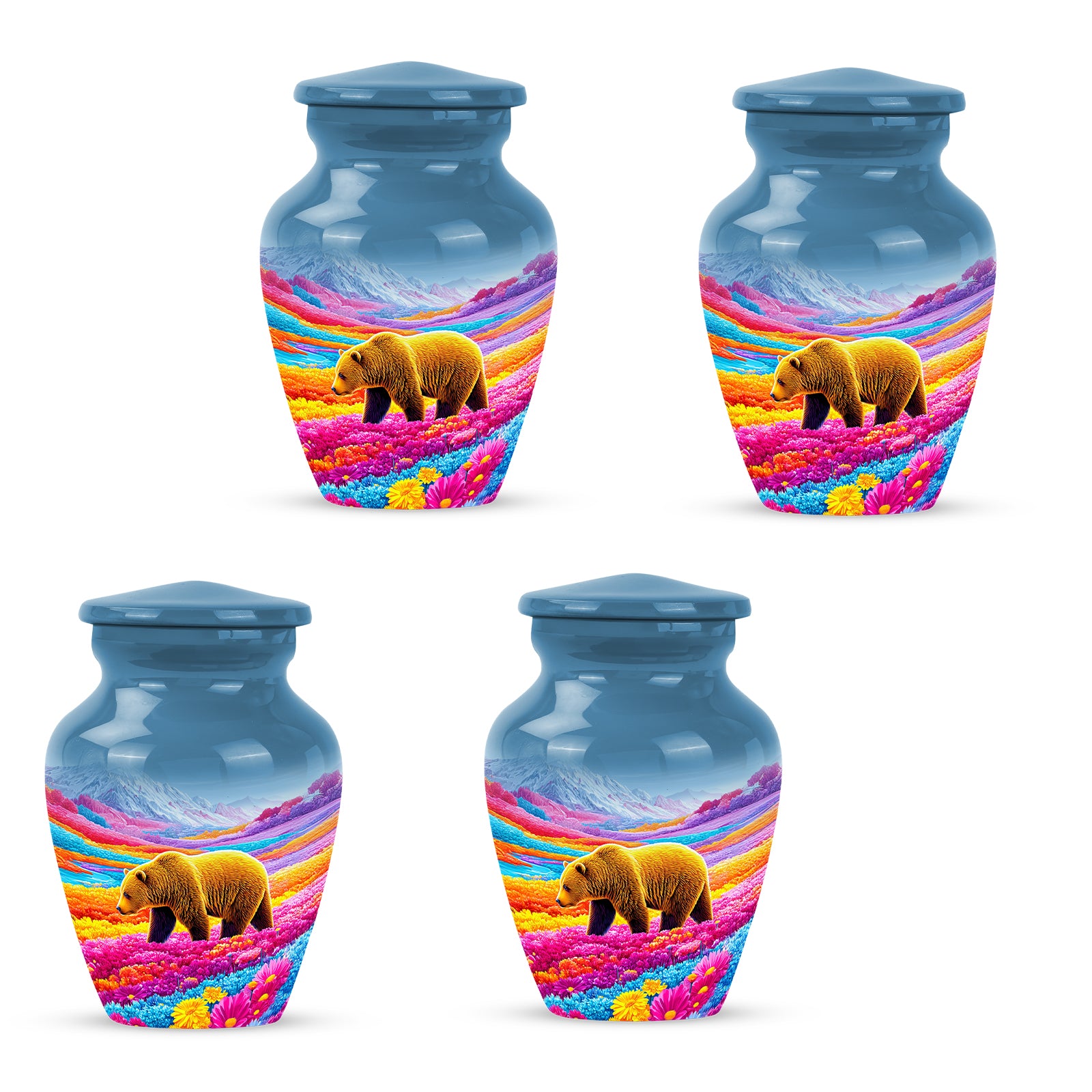 Slate Blue Bear Cremation Urn side profile showing urn shape - classic sculpted bear pattern on smooth aluminum - 10 inch aluminum urn for cremated remains