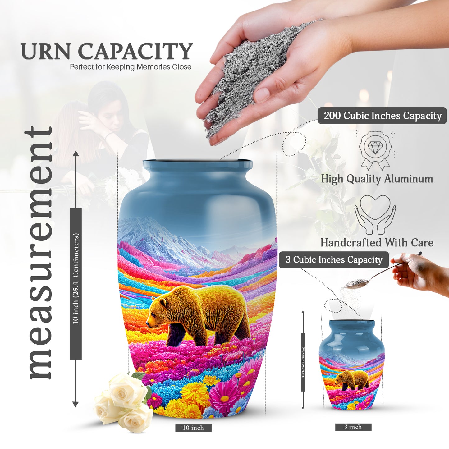 Celestial Blue Bear Cremation Urn close-up of engraving and surface detail - timeless bear motif etched into premium metal - mini keepsake memorial for portion of cremation ashes