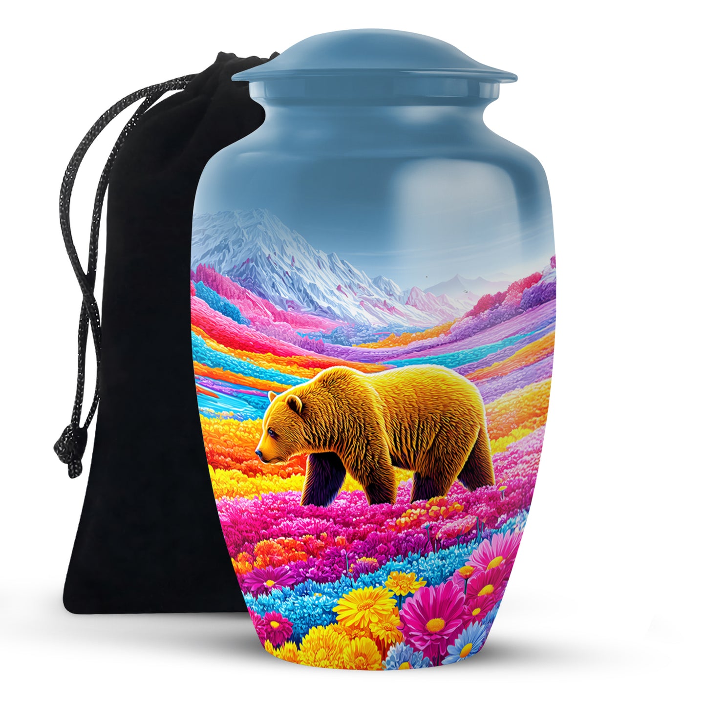 Indigo Bear Cremation Urn angled view of lid and engraved motif - classic sculpted bear pattern on smooth aluminum - full-size 10 inch 200 cubic inch adult cremation urn