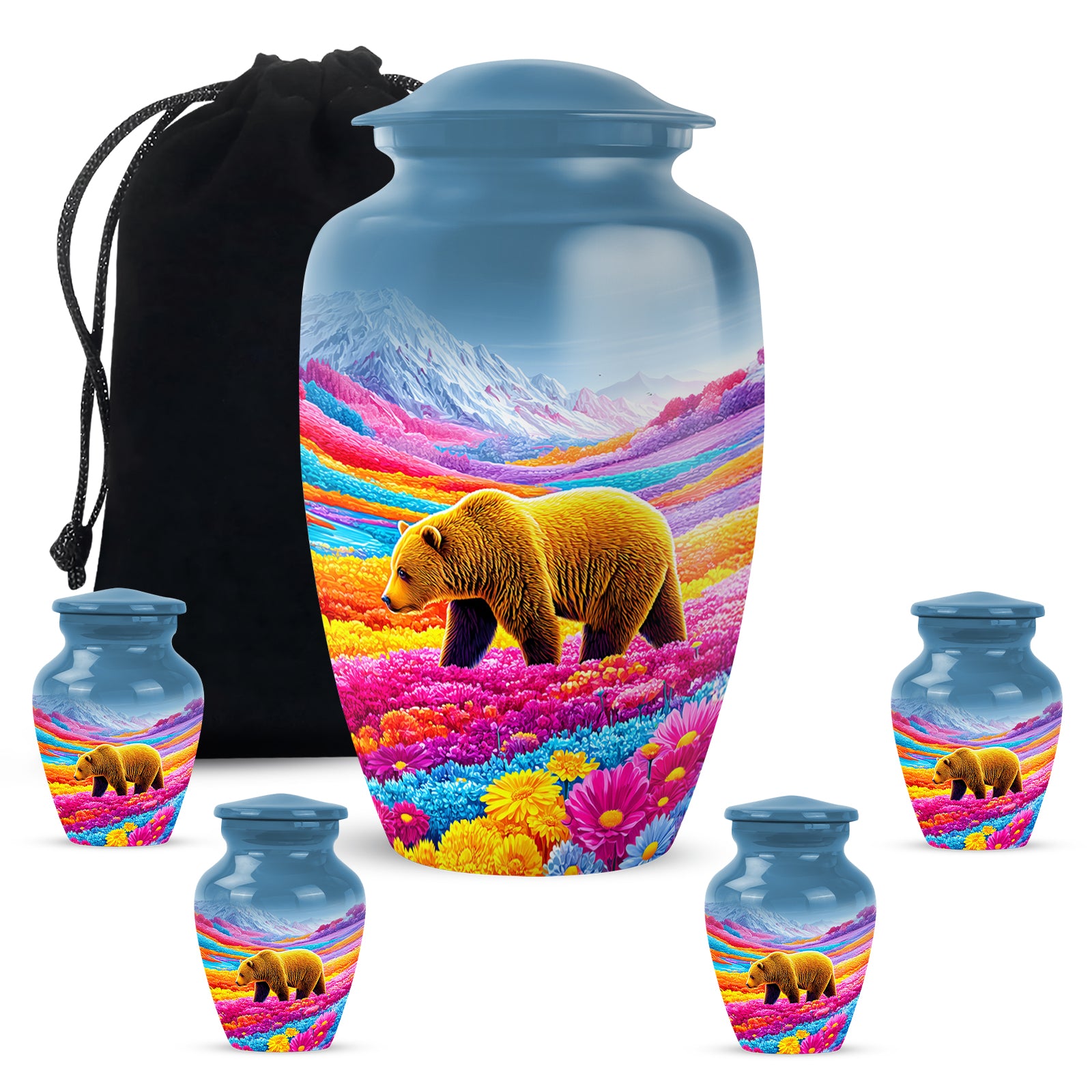 Azure Bear Cremation Urn top-down view of secure threaded lid - classic sculpted bear pattern on smooth aluminum - memorial set with one large and four small urns