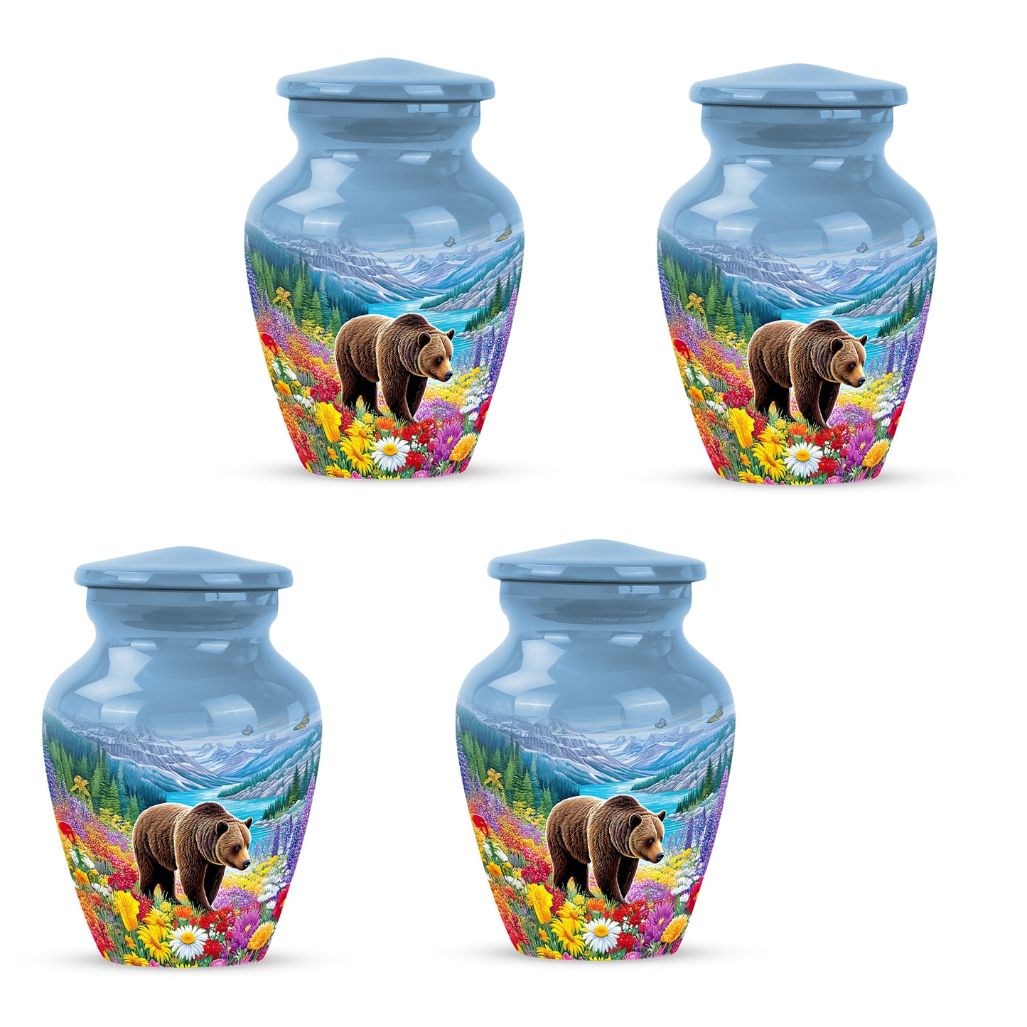 Cornflower Blue Bear Cremation Urn side profile showing urn shape - traditional bear engraving with hand-polished finish - 10 inch aluminum urn for cremated remains