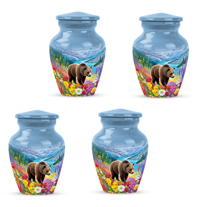 Cornflower Blue Bear Cremation Urn side profile showing urn shape - traditional bear engraving with hand-polished finish - 10 inch aluminum urn for cremated remains