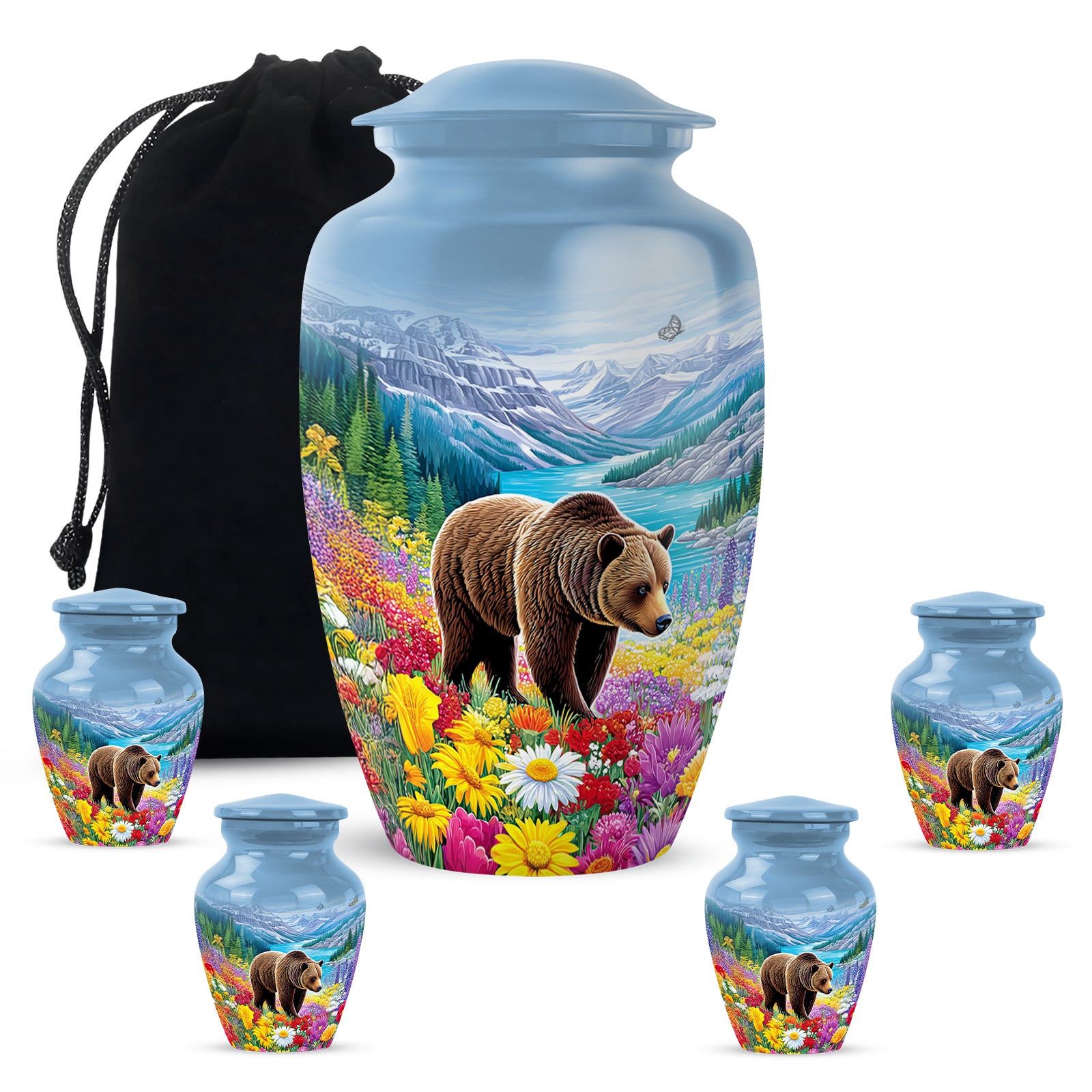 Calming Blue Bear Cremation Urn top-down view of secure threaded lid - traditional bear engraving with hand-polished finish - memorial set with one large and four small urns