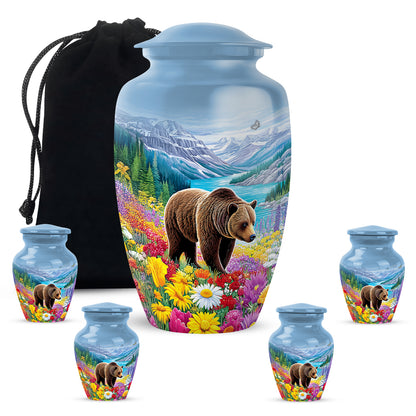 Calming Blue Bear Cremation Urn top-down view of secure threaded lid - traditional bear engraving with hand-polished finish - memorial set with one large and four small urns