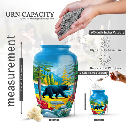 Calming Blue Bear Cremation Urn close-up of engraving and surface detail - elegant classic bear relief with fine detailing - mini keepsake memorial for portion of cremation ashes
