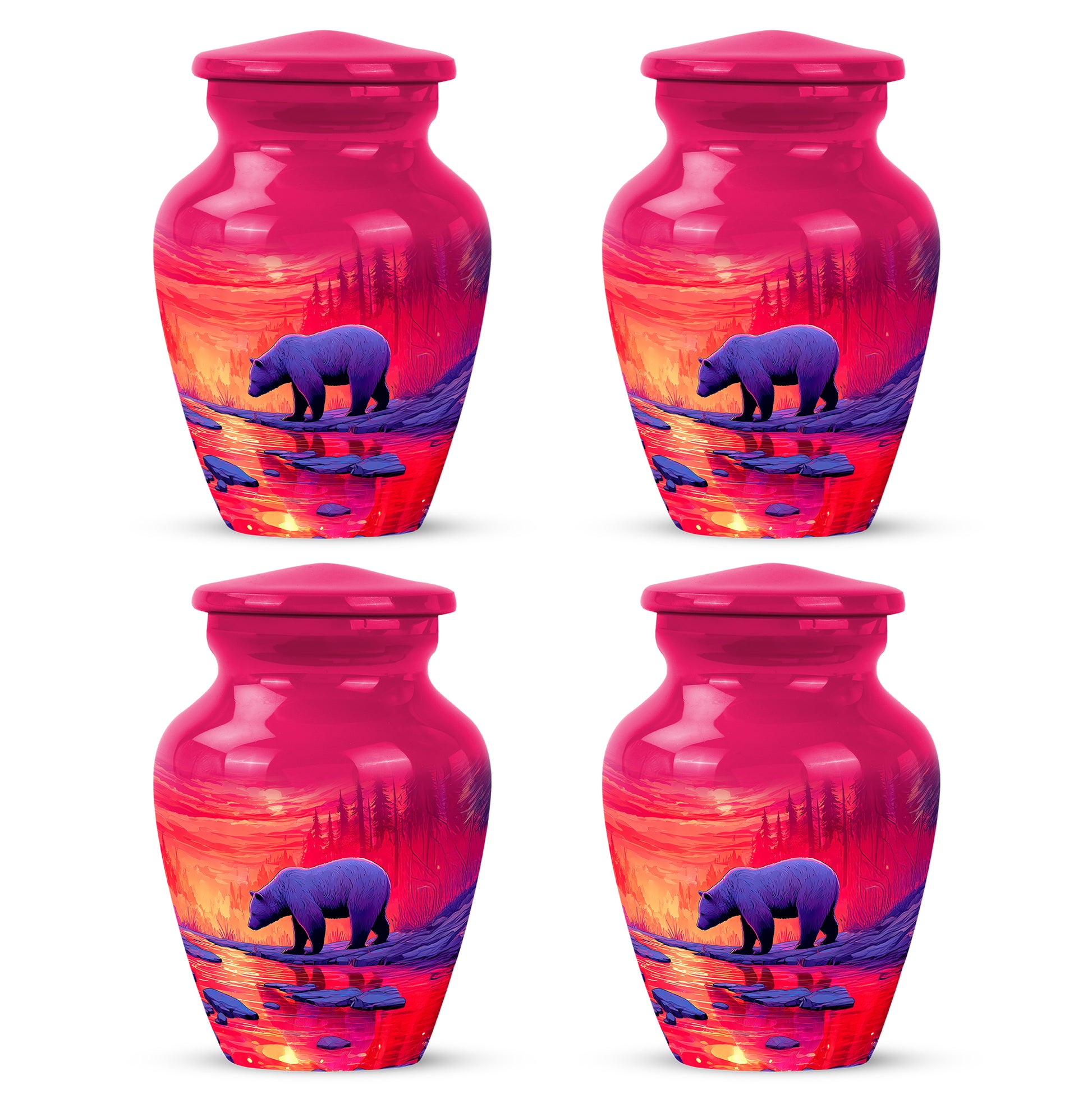 Vintage Pink Bear Cremation Urn side profile showing urn shape - elegant classic bear relief with fine detailing - 10 inch aluminum urn for cremated remains
