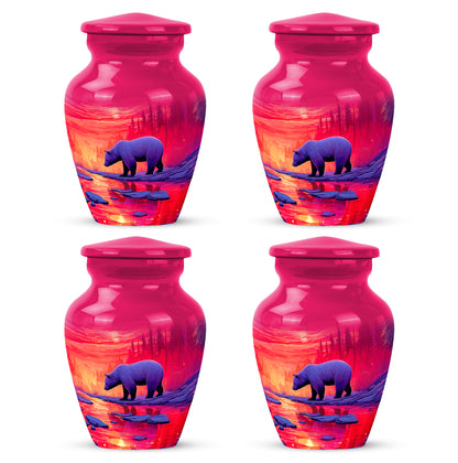Vintage Pink Bear Cremation Urn side profile showing urn shape - elegant classic bear relief with fine detailing - 10 inch aluminum urn for cremated remains