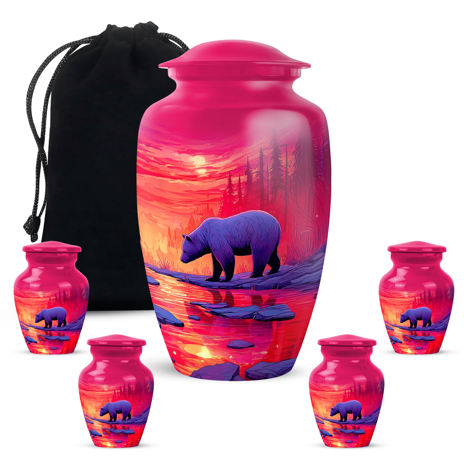 Pastel Pink Bear Cremation Urn top-down view of secure threaded lid - classic sculpted bear pattern on smooth aluminum - memorial set with one large and four small urns