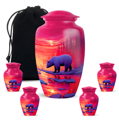 Pastel Pink Bear Cremation Urn top-down view of secure threaded lid - classic sculpted bear pattern on smooth aluminum - memorial set with one large and four small urns