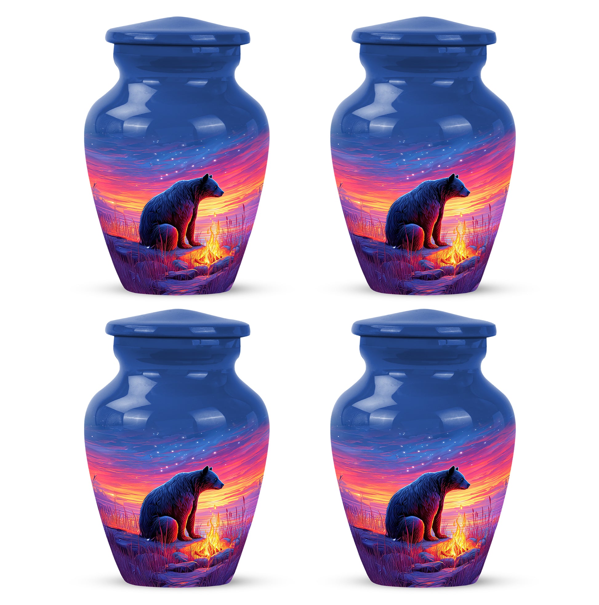Calming Blue Bear Cremation Urn side profile showing urn shape - elegant classic bear relief with fine detailing - 10 inch aluminum urn for cremated remains