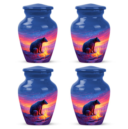 Calming Blue Bear Cremation Urn side profile showing urn shape - elegant classic bear relief with fine detailing - 10 inch aluminum urn for cremated remains