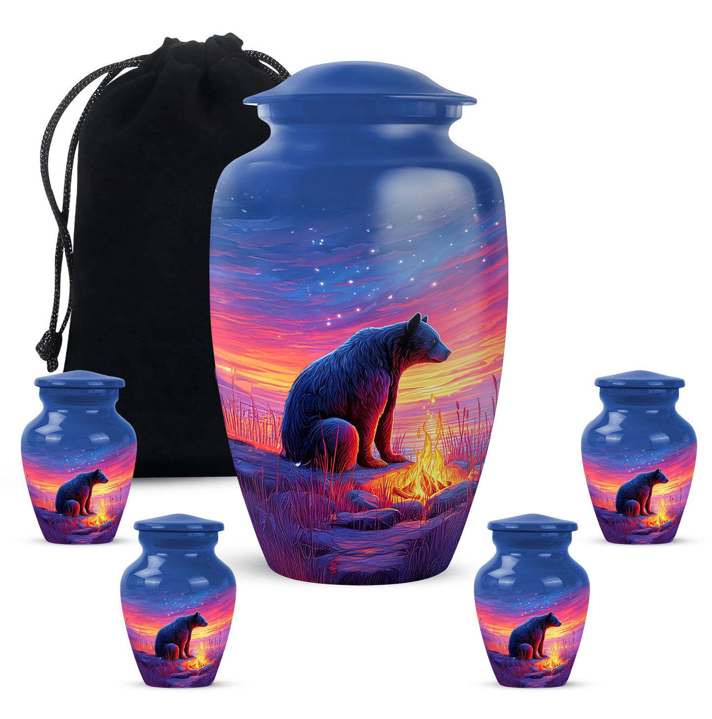 Slate Blue Bear Cremation Urn top-down view of secure threaded lid - classic sculpted bear pattern on smooth aluminum - memorial set with one large and four small urns