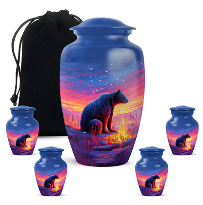 Slate Blue Bear Cremation Urn top-down view of secure threaded lid - classic sculpted bear pattern on smooth aluminum - memorial set with one large and four small urns