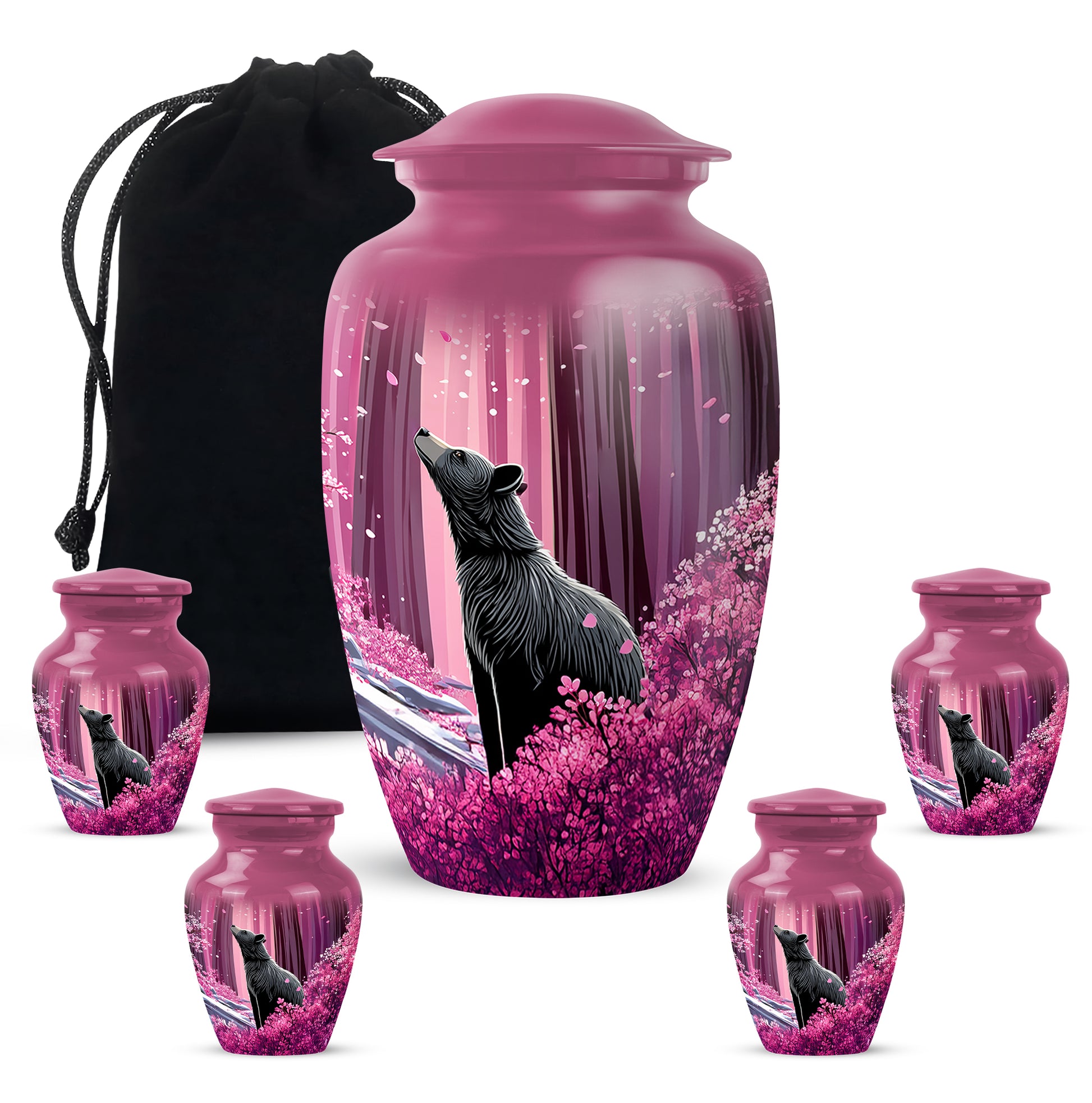 Blush Pink Bear Cremation Urn top-down view of secure threaded lid - classic sculpted bear pattern on smooth aluminum - memorial set with one large and four small urns