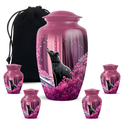 Blush Pink Bear Cremation Urn top-down view of secure threaded lid - classic sculpted bear pattern on smooth aluminum - memorial set with one large and four small urns