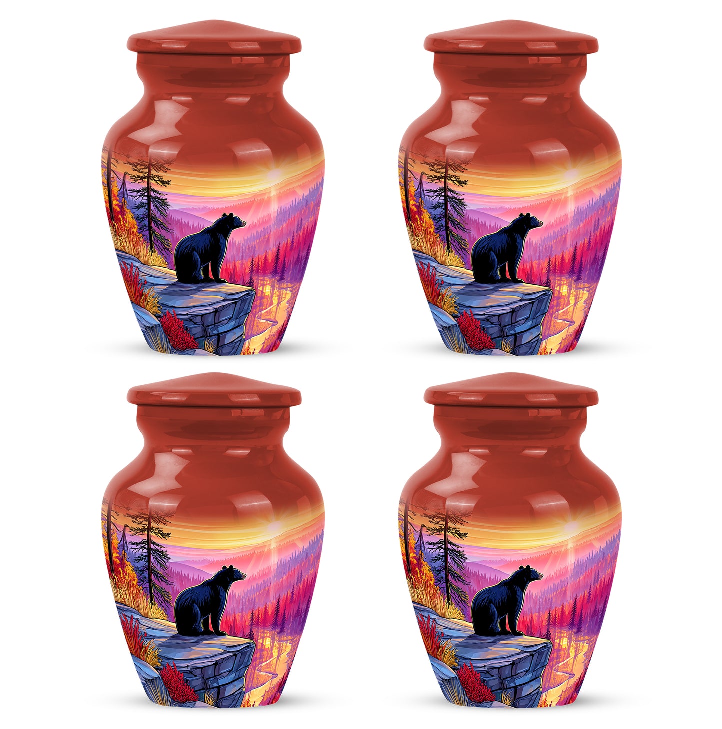 Ruby Red Bear Cremation Urn side profile showing urn shape - elegant classic bear relief with fine detailing - 10 inch aluminum urn for cremated remains