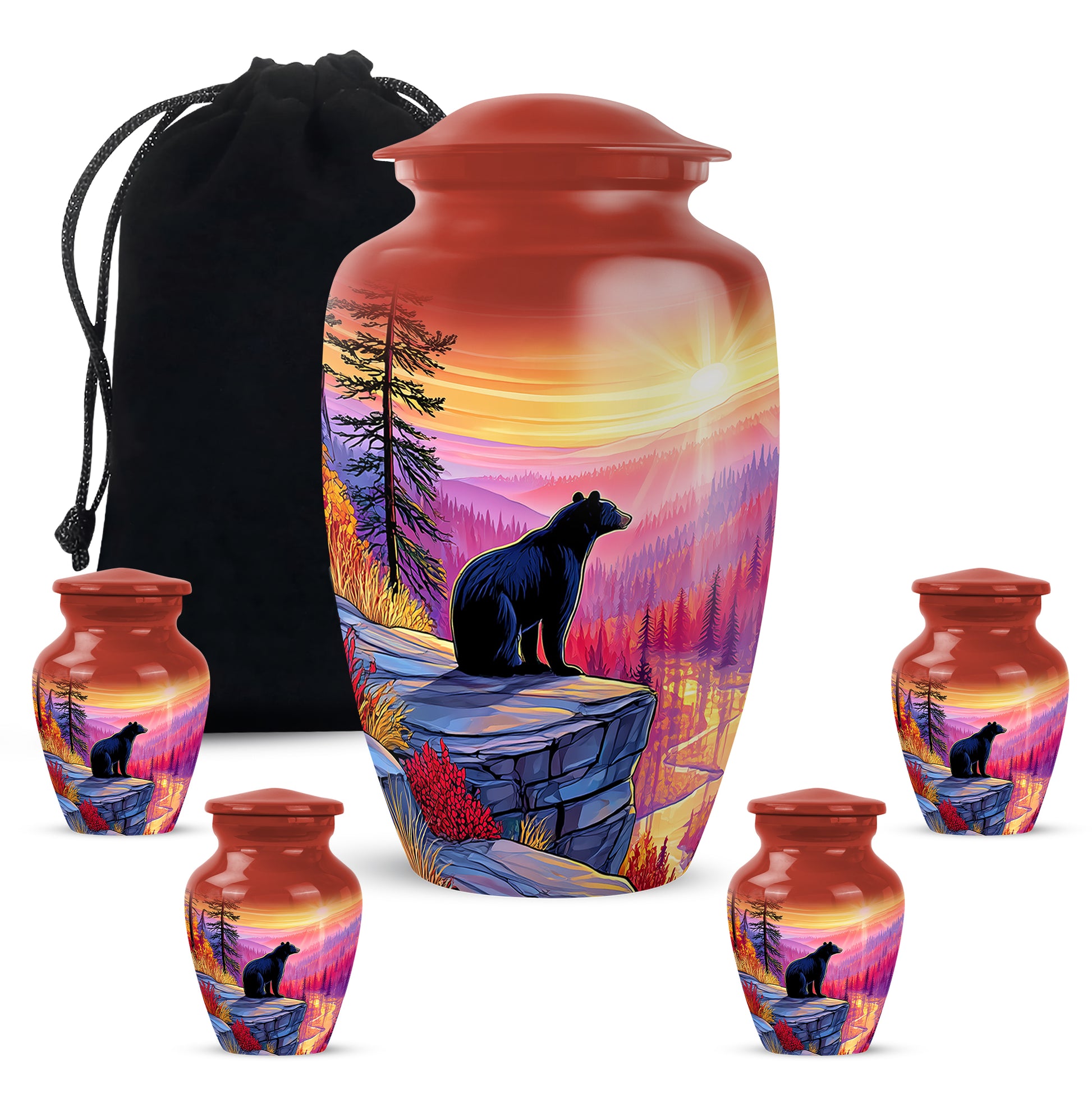Ruby Red Bear Cremation Urn top-down view of secure threaded lid - elegant classic bear relief with fine detailing - memorial set with one large and four small urns