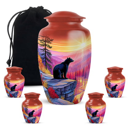 Ruby Red Bear Cremation Urn top-down view of secure threaded lid - elegant classic bear relief with fine detailing - memorial set with one large and four small urns