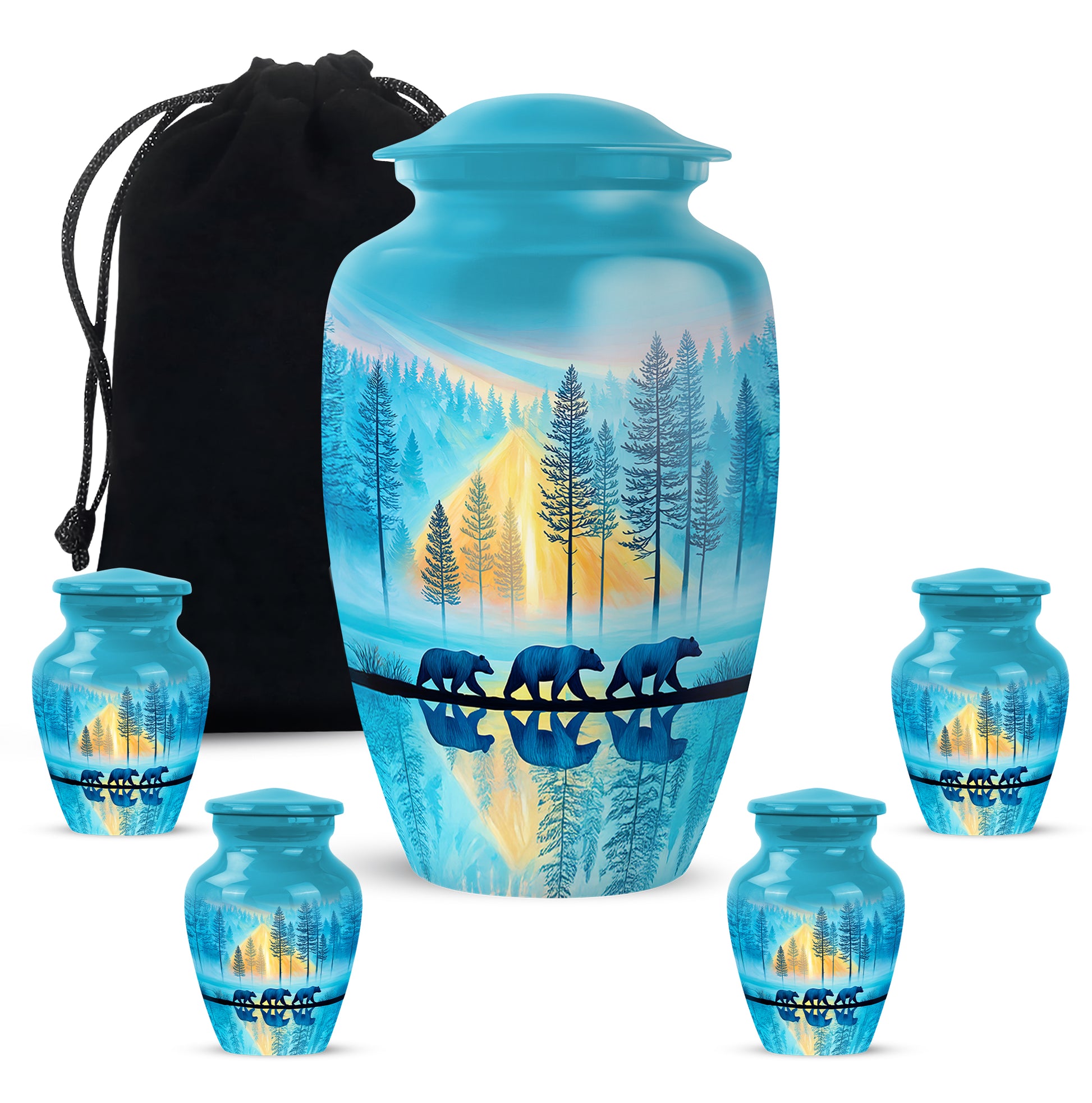 Aqua Teal Bear Cremation Urn top-down view of secure threaded lid - elegant classic bear relief with fine detailing - memorial set with one large and four small urns