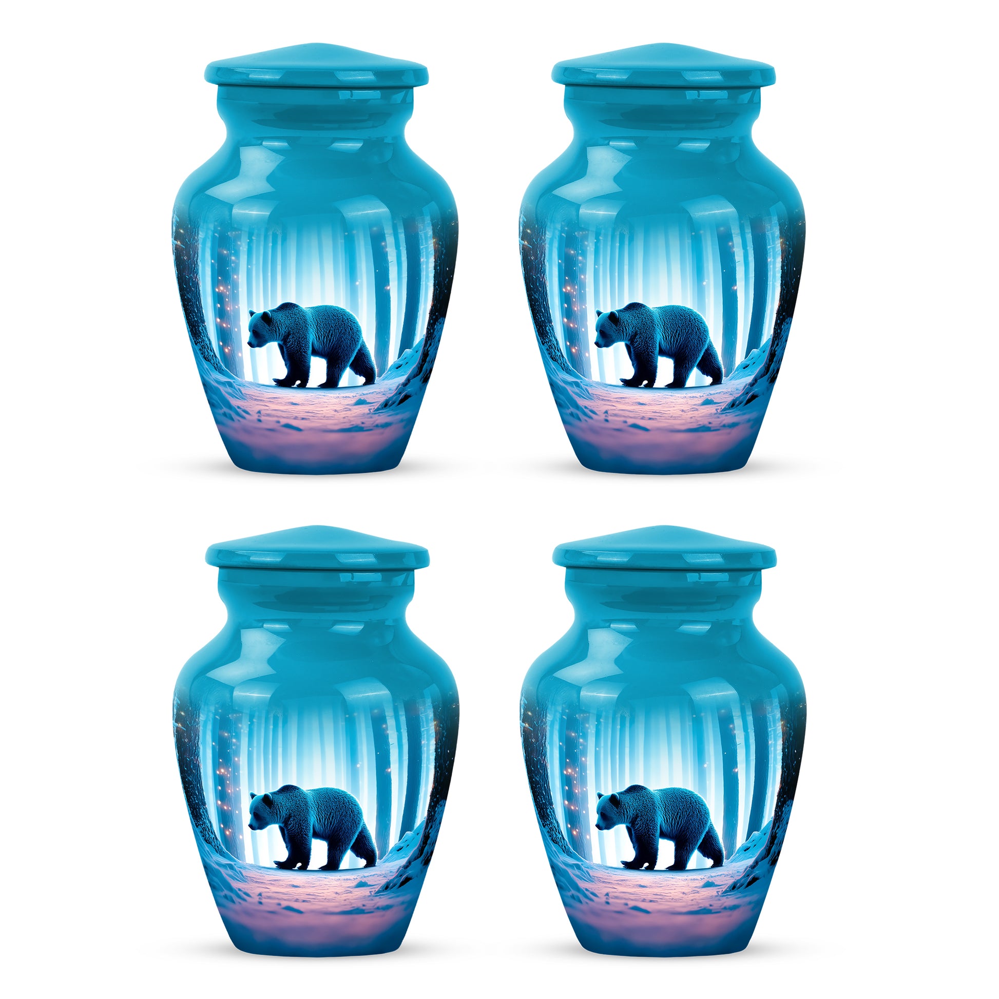 Cool Teal Bear Cremation Urn side profile showing urn shape - timeless bear motif etched into premium metal - 10 inch aluminum urn for cremated remains