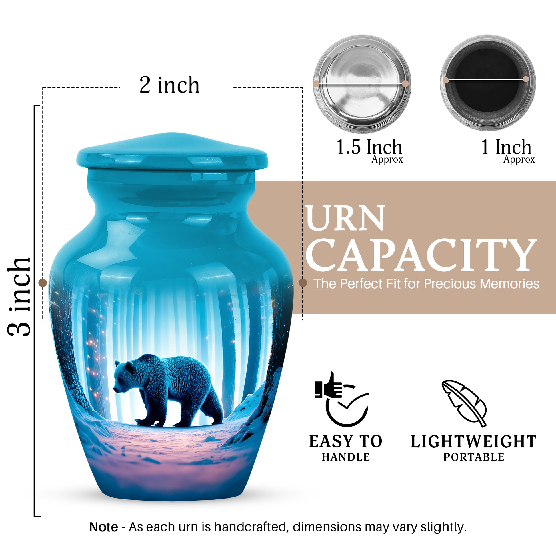 Soft Teal Bear Cremation Urn close-up of engraving and surface detail - timeless bear motif etched into premium metal - mini keepsake memorial for portion of cremation ashes