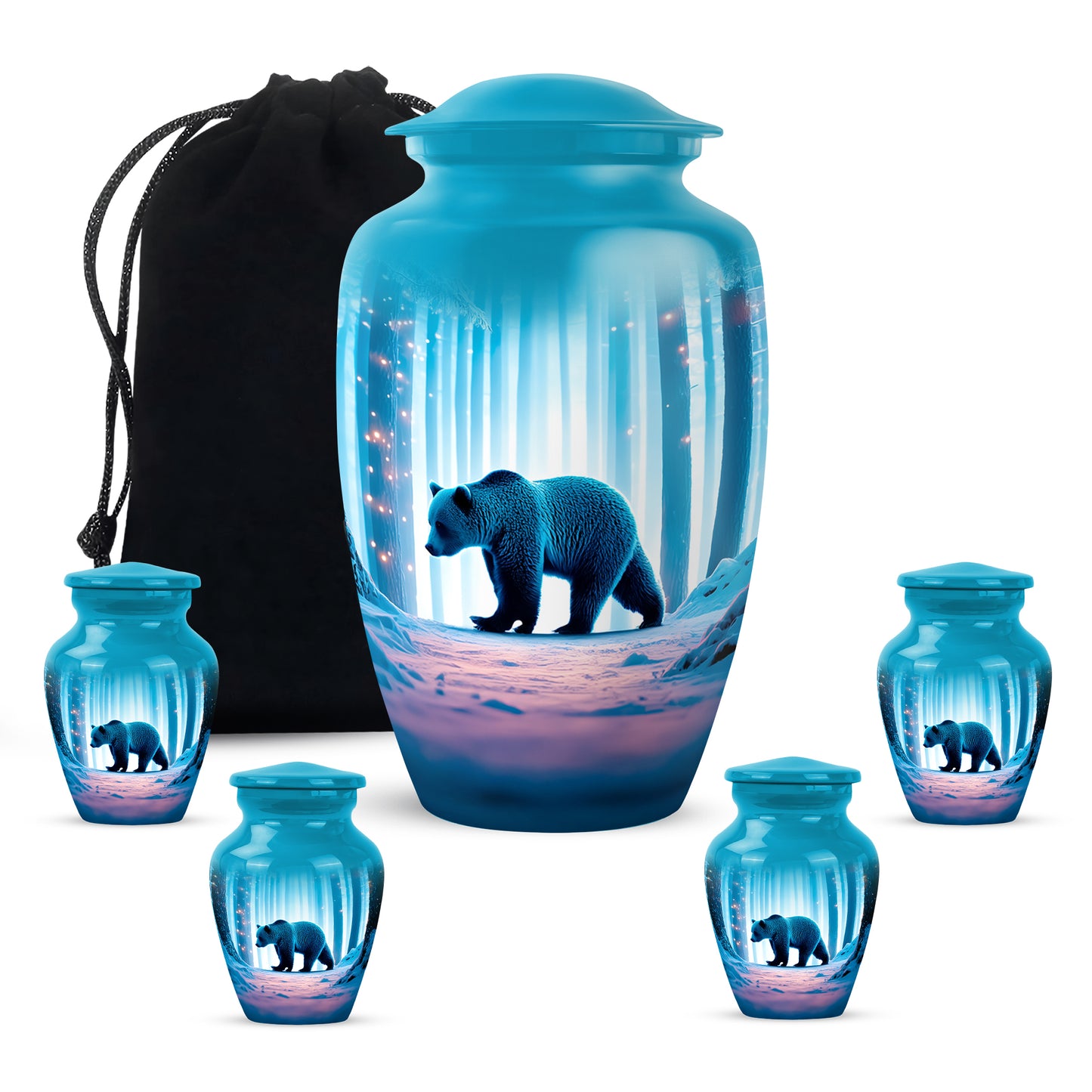 Ocean Teal Bear Cremation Urn top-down view of secure threaded lid - classic sculpted bear pattern on smooth aluminum - memorial set with one large and four small urns