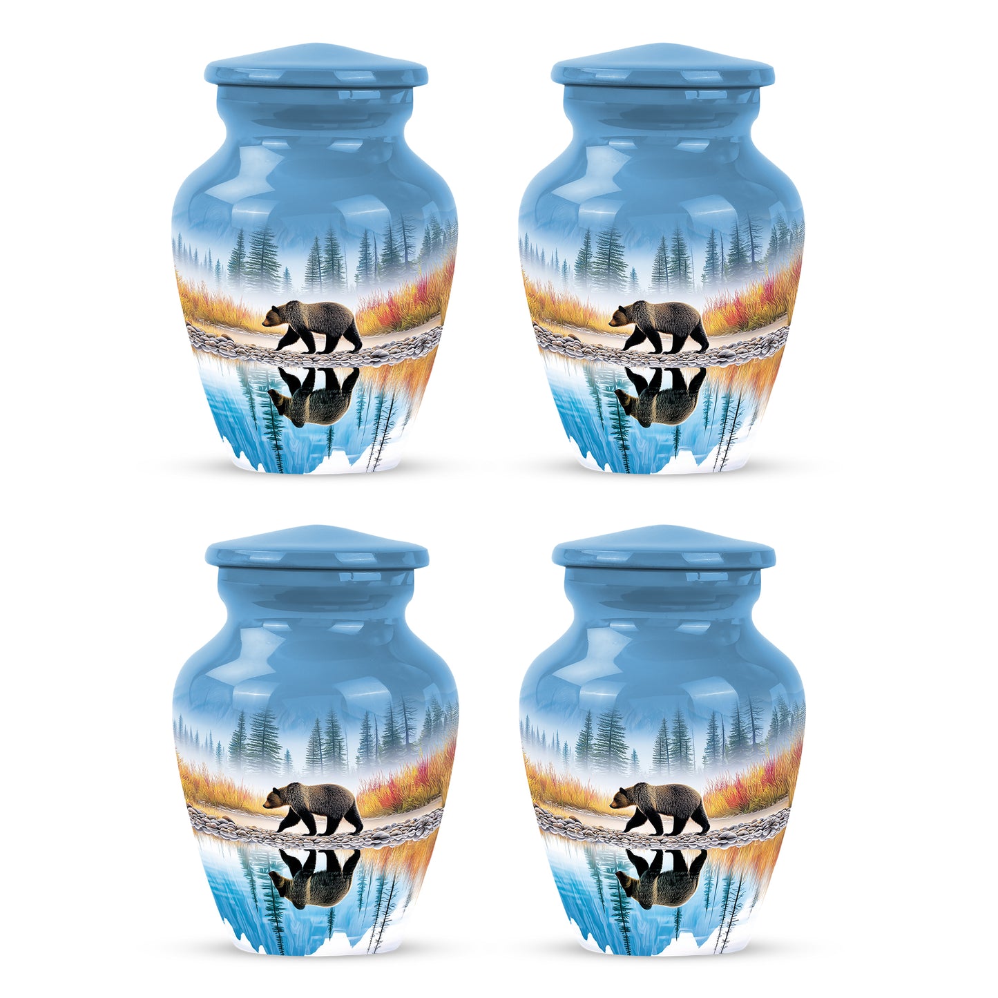 Azure Bear Cremation Urn side profile showing urn shape - timeless bear motif etched into premium metal - 10 inch aluminum urn for cremated remains