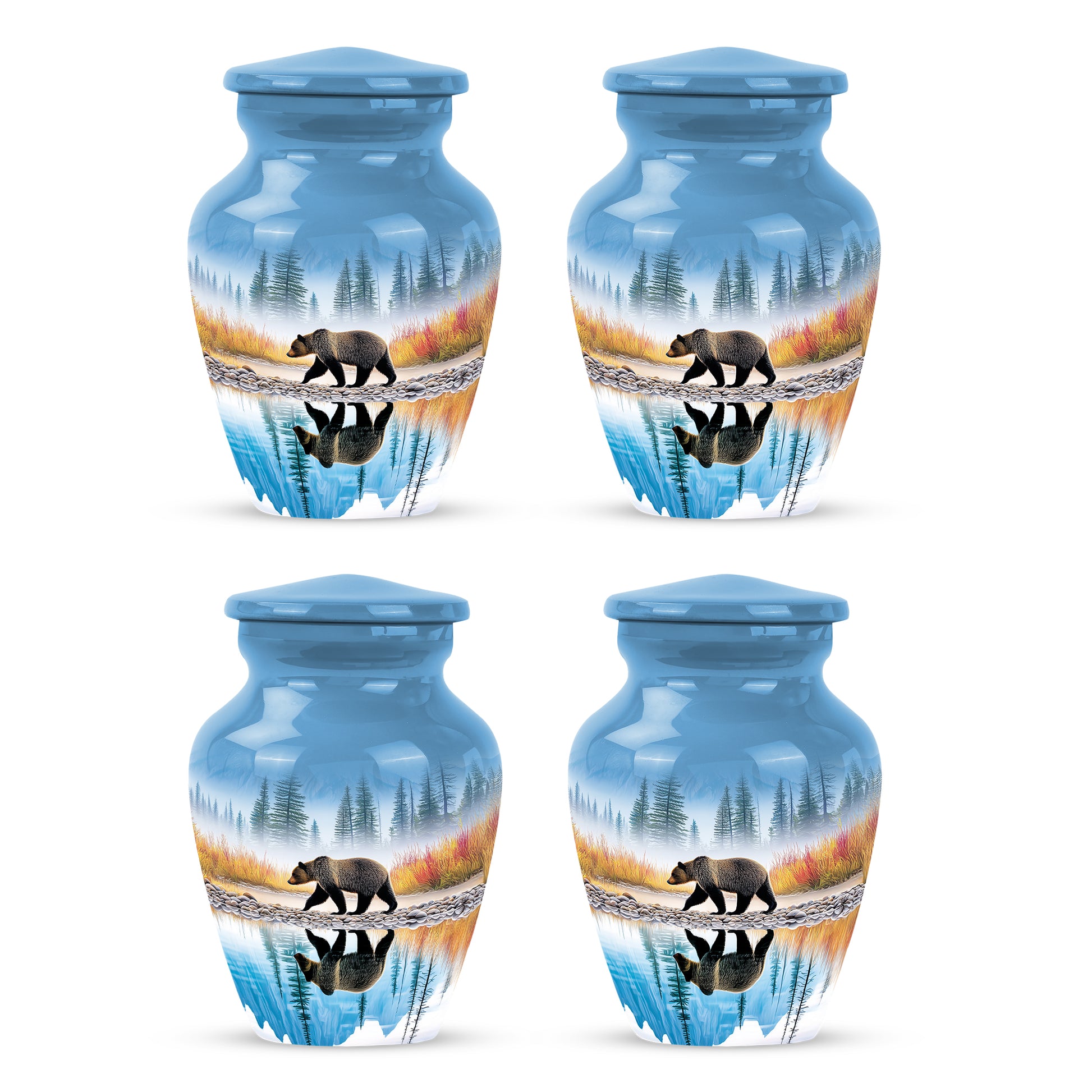 Azure Bear Cremation Urn side profile showing urn shape - timeless bear motif etched into premium metal - 10 inch aluminum urn for cremated remains