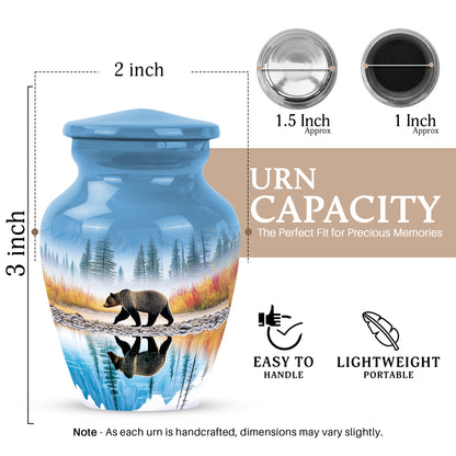 Indigo Bear Cremation Urn close-up of engraving and surface detail - timeless bear motif etched into premium metal - mini keepsake memorial for portion of cremation ashes