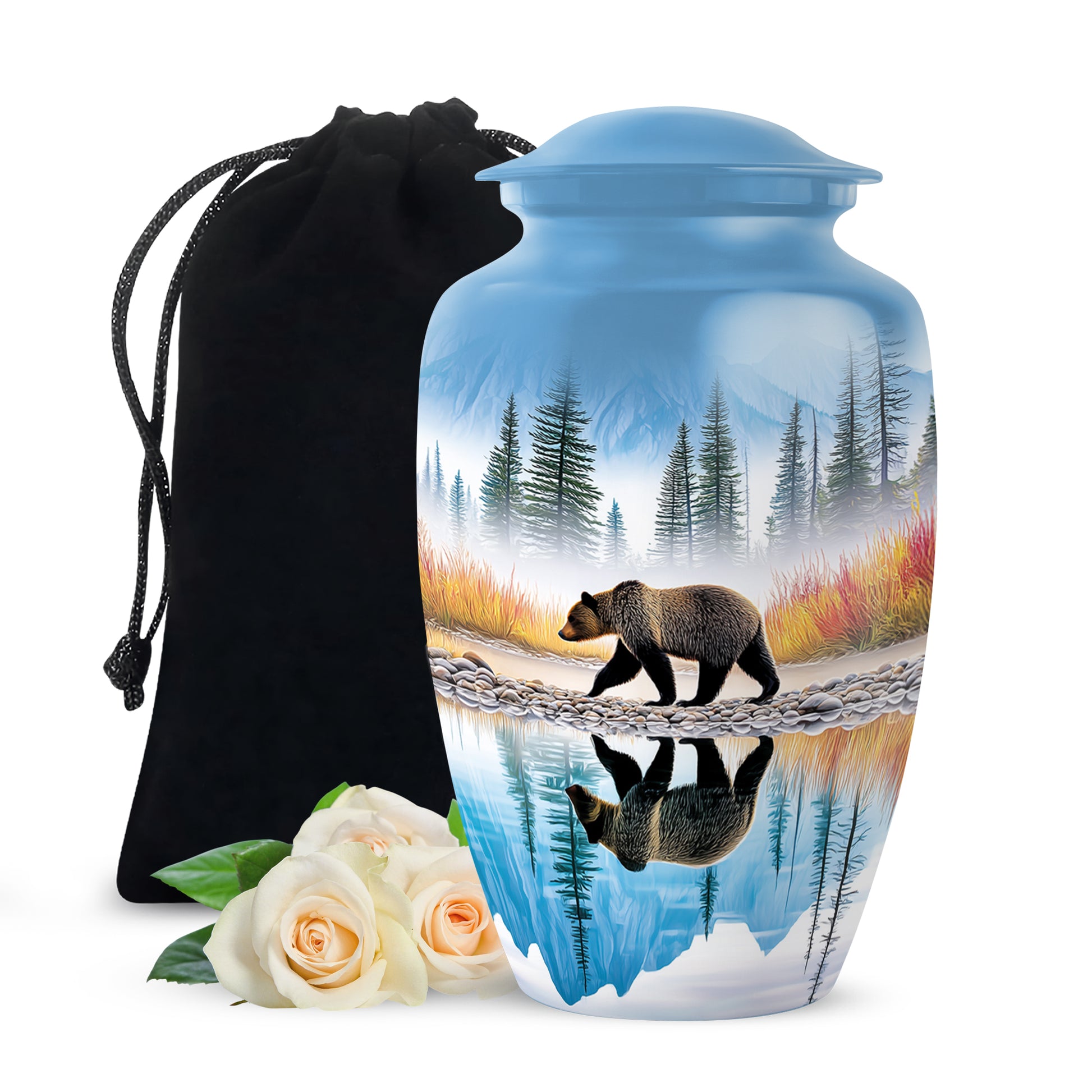 Twilight Blue Bear Cremation Urn angled view of lid and engraved motif - elegant classic bear relief with fine detailing - full-size 10 inch 200 cubic inch adult cremation urn