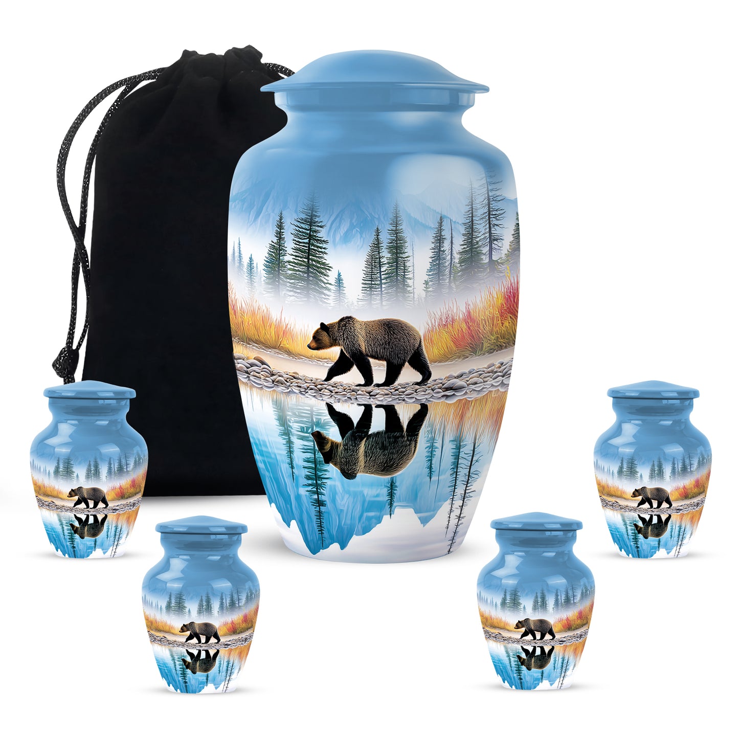 Sky Blue Bear Cremation Urn top-down view of secure threaded lid - classic sculpted bear pattern on smooth aluminum - memorial set with one large and four small urns