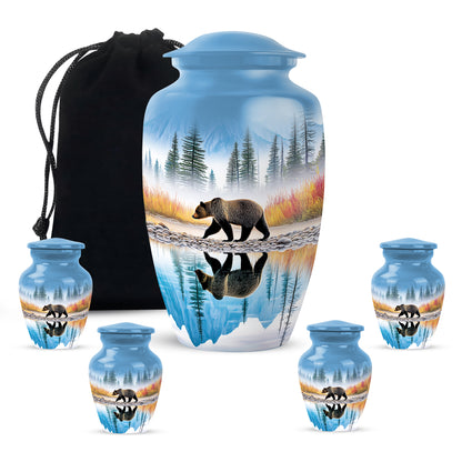 Sky Blue Bear Cremation Urn top-down view of secure threaded lid - classic sculpted bear pattern on smooth aluminum - memorial set with one large and four small urns