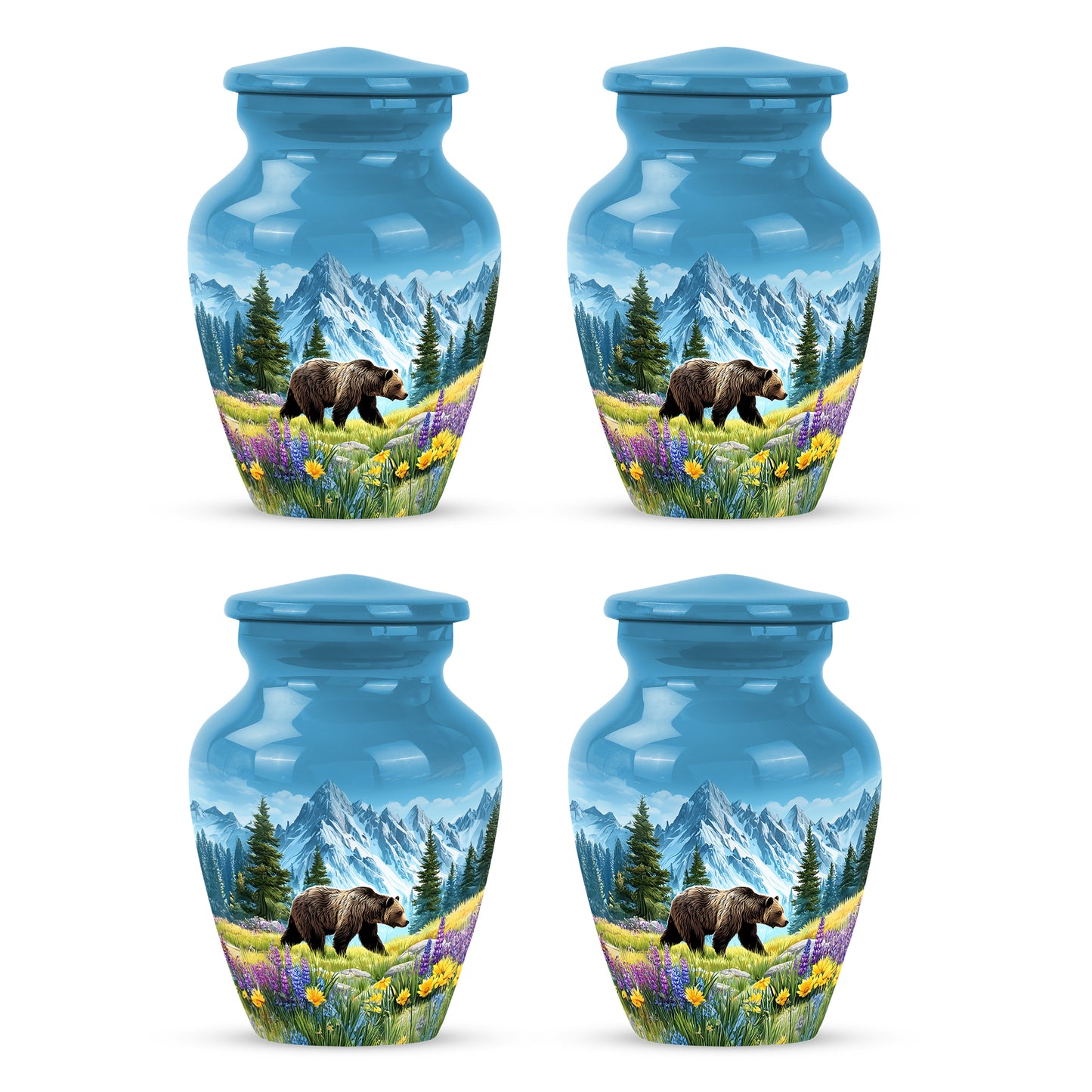 Sky Blue Bear Cremation Urn side profile showing urn shape - timeless bear motif etched into premium metal - 10 inch aluminum urn for cremated remains