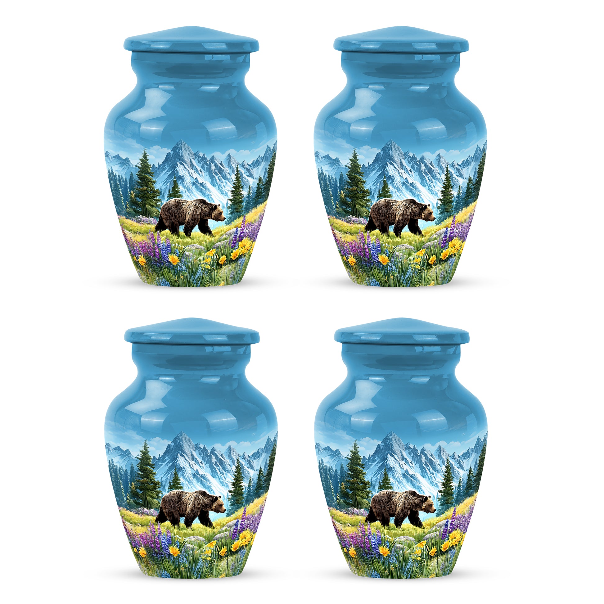 Sky Blue Bear Cremation Urn side profile showing urn shape - timeless bear motif etched into premium metal - 10 inch aluminum urn for cremated remains
