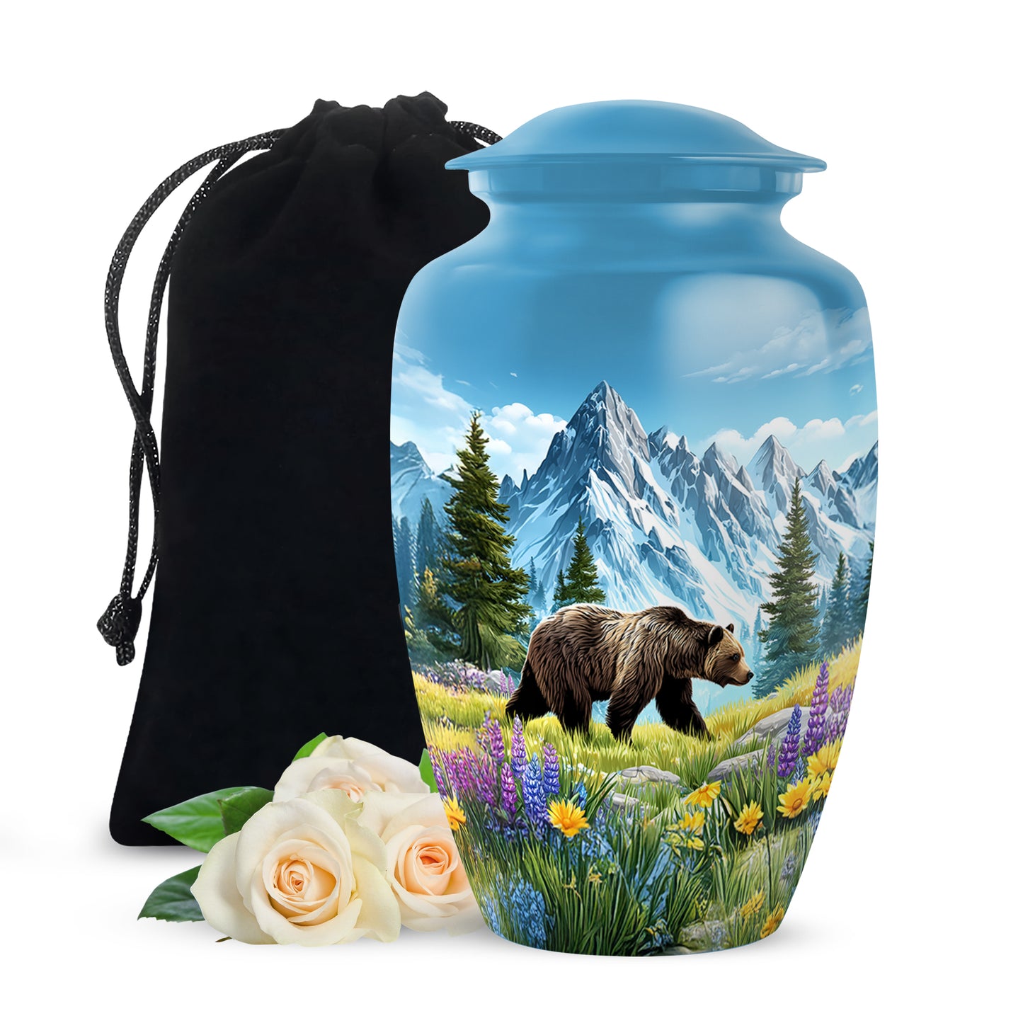 Twilight Blue Bear Cremation Urn angled view of lid and engraved motif - traditional bear engraving with hand-polished finish - full-size 10 inch 200 cubic inch adult cremation urn