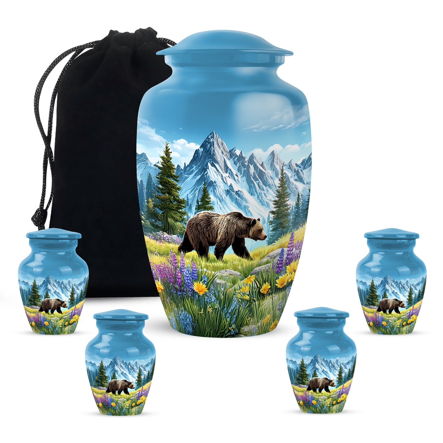 Cornflower Blue Bear Cremation Urn top-down view of secure threaded lid - elegant classic bear relief with fine detailing - memorial set with one large and four small urns