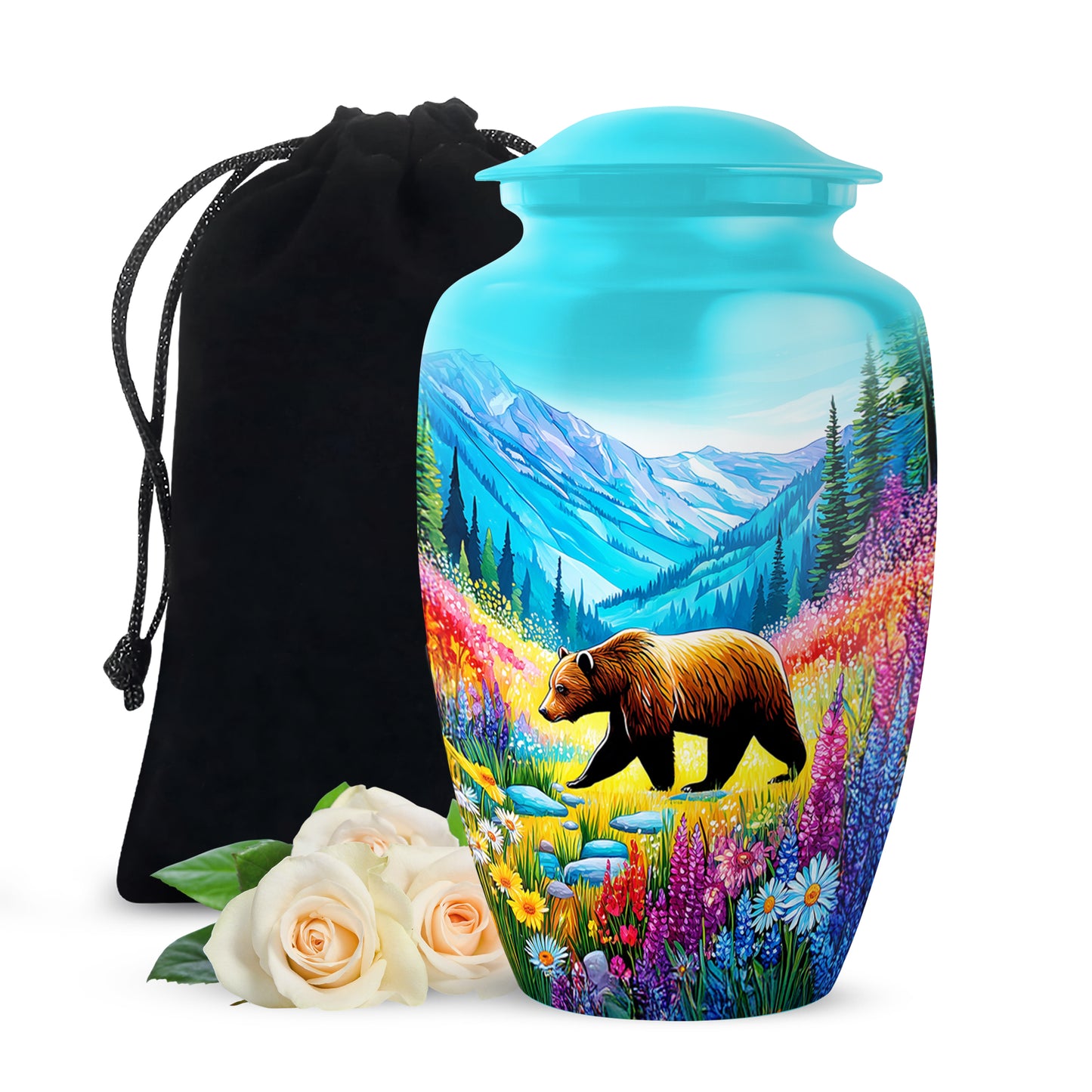 Mystic Teal Bear Cremation Urn angled view of lid and engraved motif - elegant classic bear relief with fine detailing - full-size 10 inch 200 cubic inch adult cremation urn