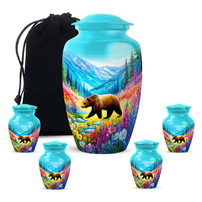 Vivid Teal Bear Cremation Urn top-down view of secure threaded lid - traditional bear engraving with hand-polished finish - memorial set with one large and four small urns