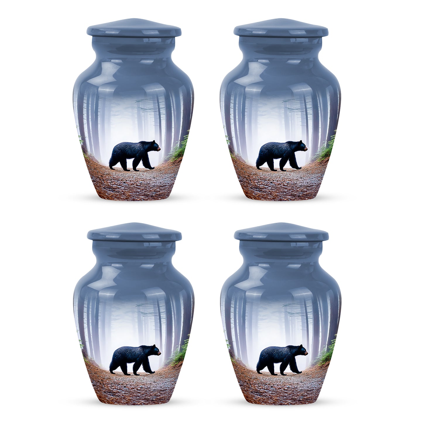 Cobalt Blue Bear Cremation Urn side profile showing urn shape - traditional bear engraving with hand-polished finish - 10 inch aluminum urn for cremated remains