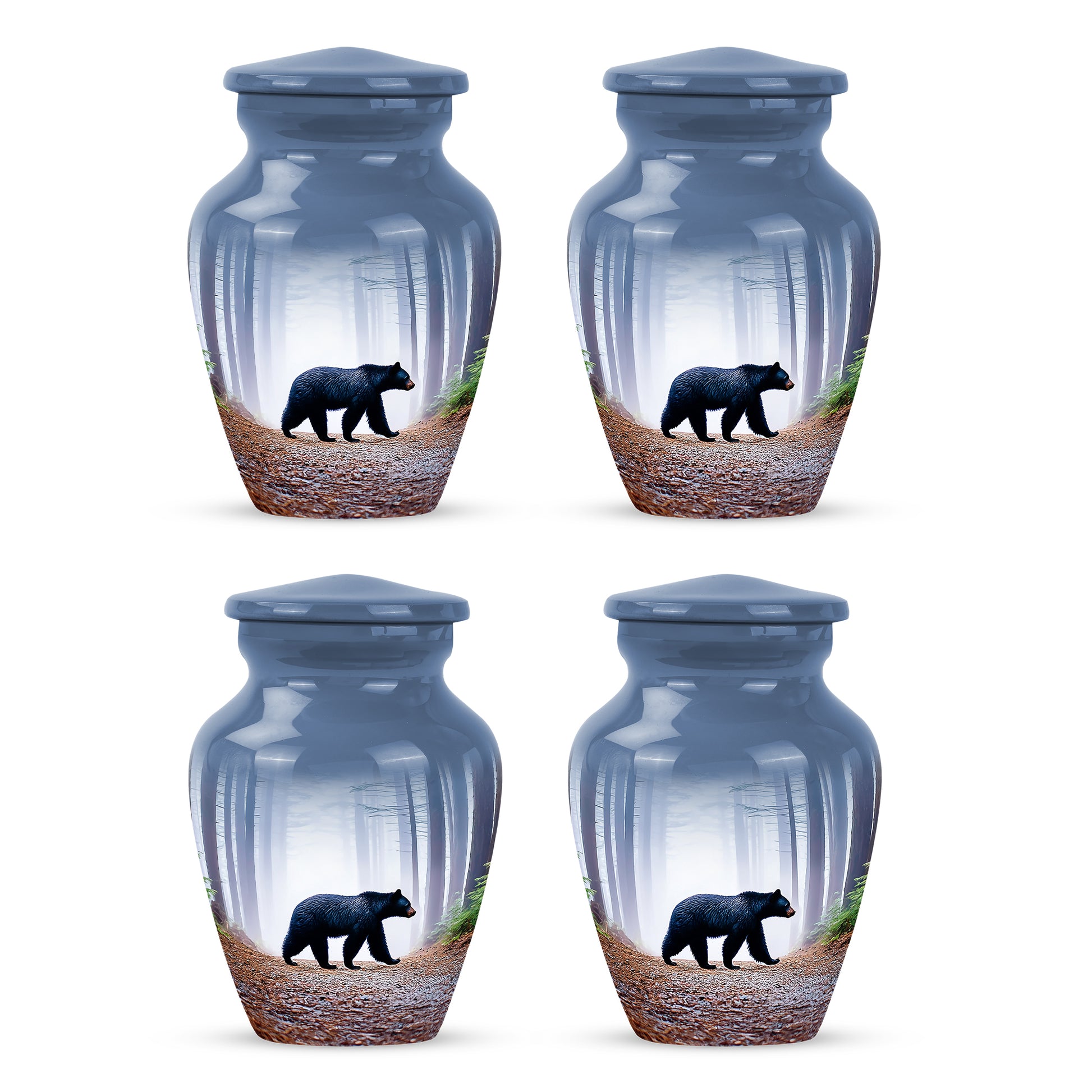 Cobalt Blue Bear Cremation Urn side profile showing urn shape - traditional bear engraving with hand-polished finish - 10 inch aluminum urn for cremated remains
