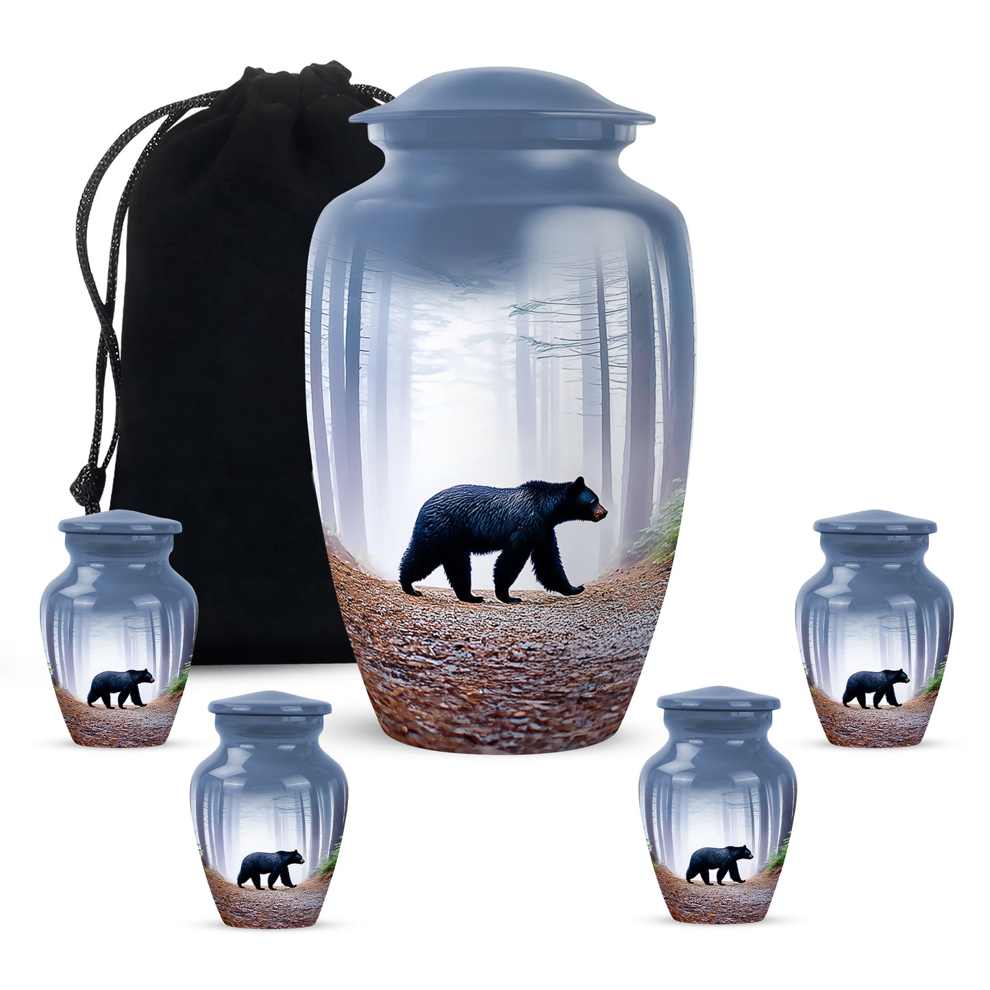 Powder Blue Bear Cremation Urn top-down view of secure threaded lid - timeless bear motif etched into premium metal - memorial set with one large and four small urns