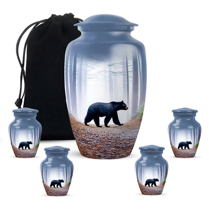 Powder Blue Bear Cremation Urn top-down view of secure threaded lid - timeless bear motif etched into premium metal - memorial set with one large and four small urns